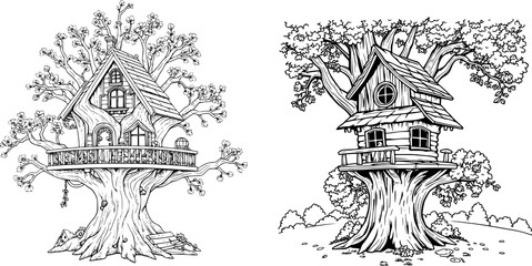Fototapeta premium 2 Tree Shelter Coloring Pages | Clean Line Art, Black and White, Realistic Illustration 