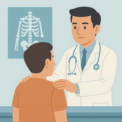 Doctor consultation with patient gentle interaction focus on care empathy in medical setting with x-ray display background