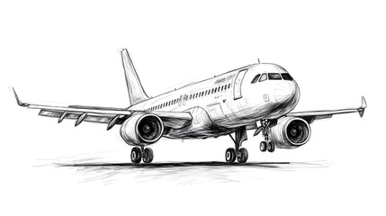 A detailed hand-drawn sketch of a commercial passenger airplane prepa for landing on a runway showing great detail.