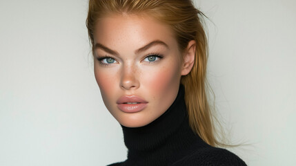 Naklejka premium Portrait of young woman with blue eyes and fair skin wearing dark turtleneck sweater