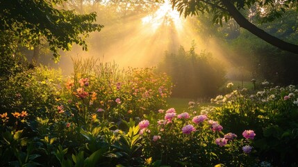 Serene Garden Landscape with Sunlight Breaking Through Mist and Vibrant Blooming Flowers
