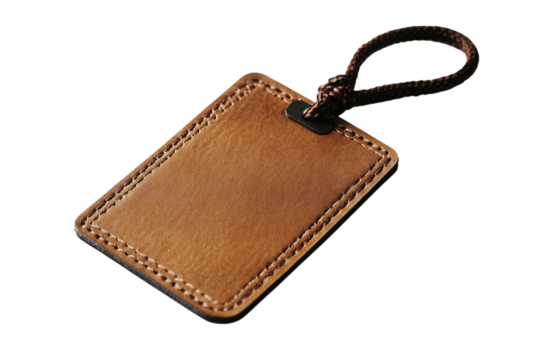 Brown leather tag on a smooth white surface, ideal for personalization or labeling