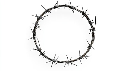 Circular barbed wire wreath. A circle of rusty barbed wire, suggesting a crown of thorns, against a plain white background.  Detailed view of the twisted metal with sharp points