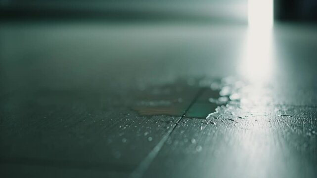 Drops of water on the floor.
A puddle from behind a leaking roof towards the house.