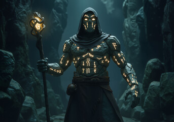Naklejka premium A dark sorcerer standing with glowing symbols around him.