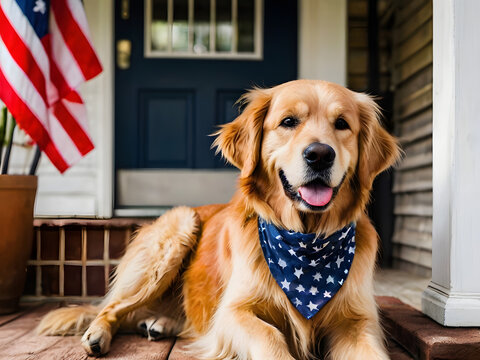 Golden Retriever on Porch: A charming golden retriever, adorned with a patriotic bandana, lounges contentedly on a porch, American flag fluttering gently in the background. - Powered by Adobe