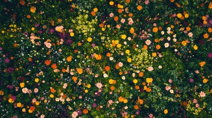 Vibrant Aerial View of a Colorful Flower Field Filled with Various Blooms in Natural Light