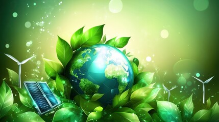 Earth Day concept featuring a globe wrapped in leaves and renewable energy icons like wind turbines and solar panels. 