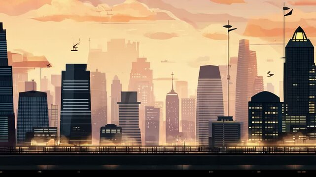 Animated city skyline parallax background at sunset