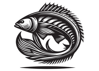 Black silhouette of fish logo vector, fish logo icon silhouette, aquarium fish logo silhouette, silhouette of fish animals vector, Jumping fish isolated on white background