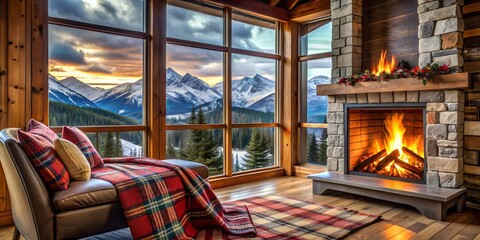 A cozy cabin interior with a roaring fireplace, plaid blankets, and a view of snowy mountains through the window.