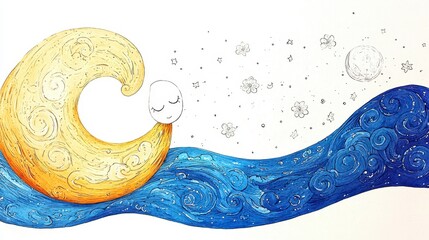 Crescent Moon Over Blue Water A Whimsical Illustration