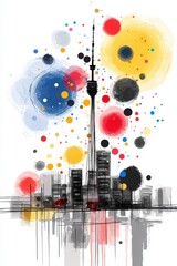 Obraz premium Abstract Cityscape with Tower and Watercolor Splashes