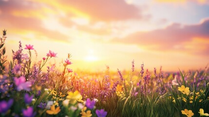 Fototapeta premium Vibrant Wildflowers in Bloom Under a Golden Sunset with Soft Clouds in a Beautiful Landscape