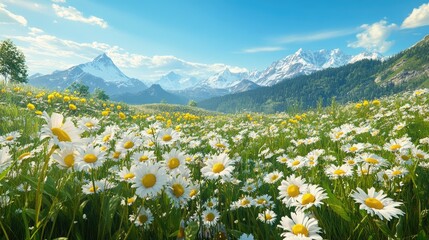 Beautiful meadow full of white daisies under a bright blue sky with majestic mountains in the background during sunny day