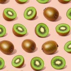 Fototapeta premium Seamless Pattern of Fresh Kiwi Slices and Whole Fruits on Pastel Pink Background