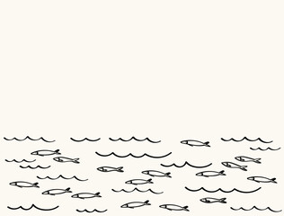 Background with small fishes for text. Banner border with sketches Sardines in water. Template with pichard seafood, marine motif. Vector backdrop illustration for print, packaging, logo, card, flyer