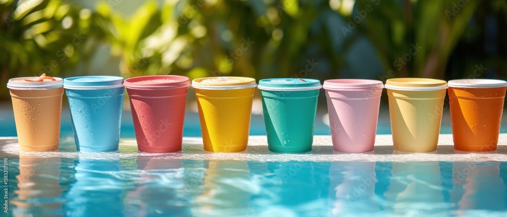 Poster vibrant array of colorful cups poolside reflecting in clear water creating a refreshing summer mood 