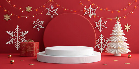 A sleek 3D rendering of a white podium on a simple, bold red Christmas backdrop, ideal for product display. The minimalistic festive setting emphasizes elegance perfect for mockups and promotions.