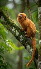 Obraz premium A golden lion tamarin sits on a moss-covered branch in the forest