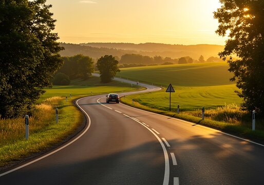 A solitary car journeys along a winding country road, bathed in the golden light of a breathtaking sunset, with lush green fields and distant hills creating a picturesque landscape. - Powered by Adobe