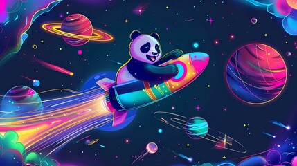 Panda riding a rocket in space with colourful illustration 