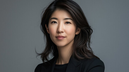 Fototapeta premium Portrait of poised and professional Asian woman with dark hair wearing blazer against neutral gray backdrop