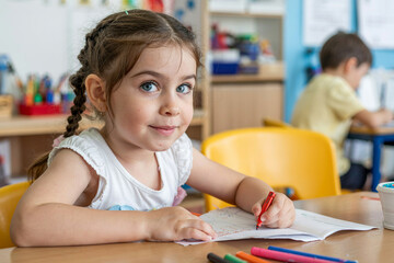 A close-up photograph of a young caucasian girl in a classroom setting, sitting at a wooden desk with colorful markers