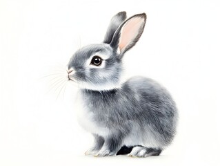 Obraz premium A cute grey bunny rabbit sits attentively against a pure white background showcasing its soft fur and adorable features.