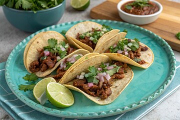 Top view of four tasty tacos with lime wedges on turquoise plate, Mexican cuisine, ready to eat.