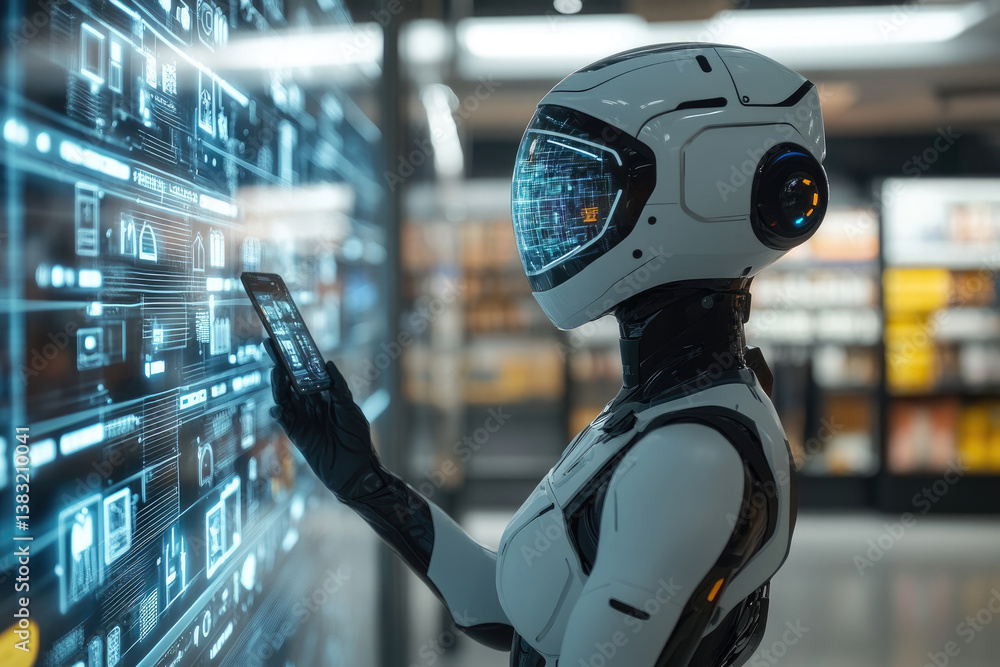 Poster futuristic automated robotics shopping assistant with holographic display in a modern minimalist hom