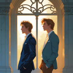 Placeholder
Two men in suits stand in front of a window, rendered in a stylized illustration