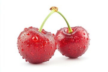 Two fresh, red cherries, covered in water droplets