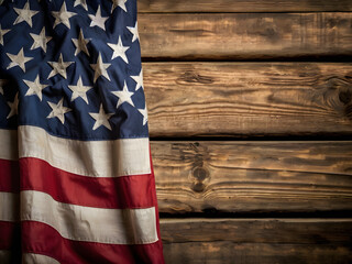 Star-Spangled Banner on Rustic Wood: The American flag billows gracefully against a weathered wooden background, evoking a sense of patriotism and national pride.