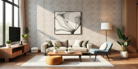 Modern Living Room Interior Design Beige Sofa Wooden Furniture Abstract Art