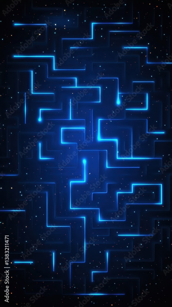 Poster luminous blue lines form an abstract maze pattern against a dark starry background creating a futuri