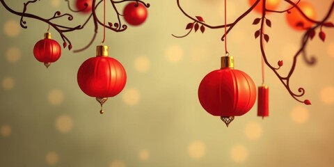 Festive Red Lanterns Hanging on Branches Chinese New Year