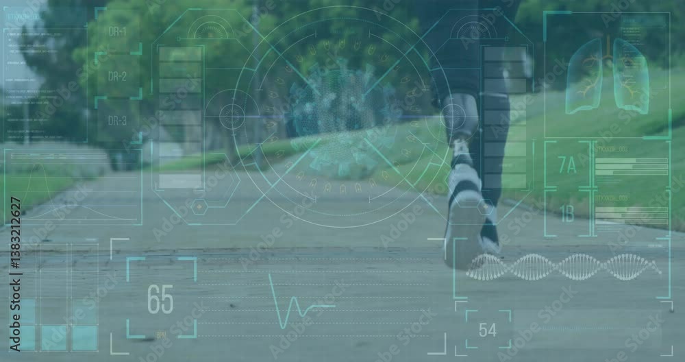 Poster runner on path with digital health data and analytics overlay animation