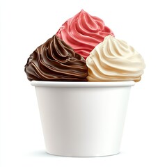 Three-scoop frozen yogurt in a paper cup.  A delightful combination of chocolate, vanilla, and strawberry flavors