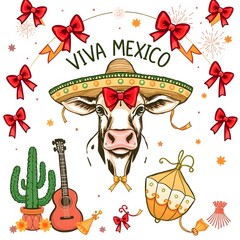 Colorful Mexican decorations featuring a cow wearing a sombrero and festive elements for a celebration