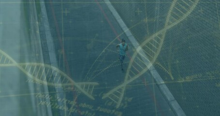Runner on urban street with DNA strand and data processing animation overlay - Powered by Adobe