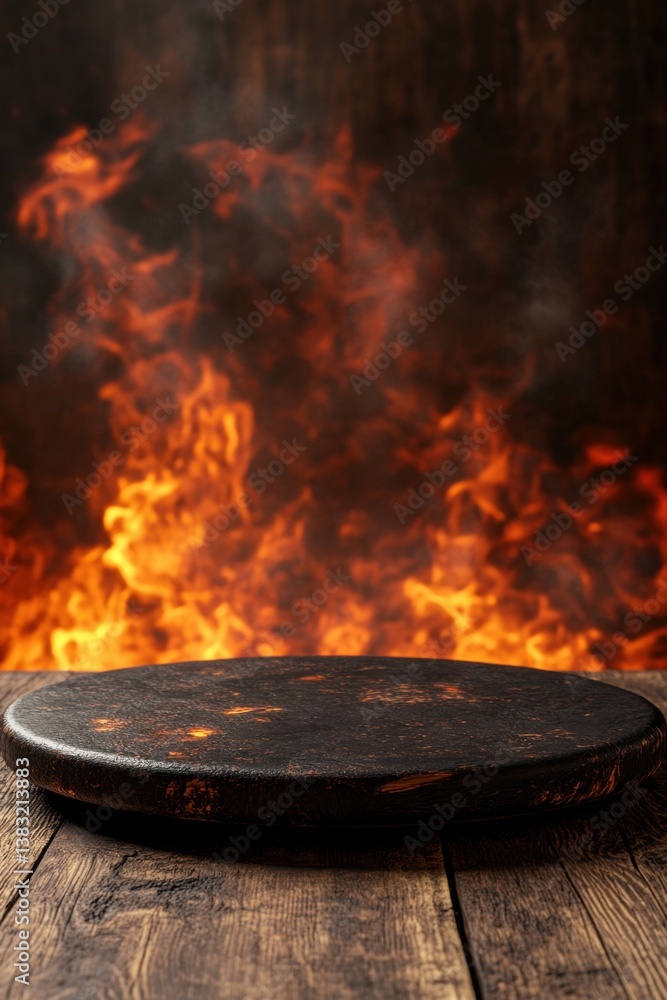 Poster rustic wooden tabletop display with fiery backdrop for product showcase and culinary presentation wa