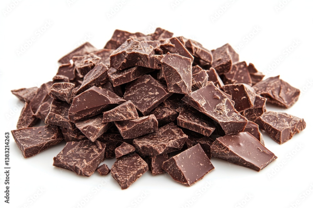 Poster delectable dark chocolate chunks piled high on a pristine white surface creating a tempting and irre