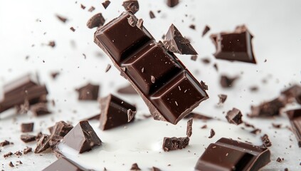 Dark chocolate pieces floating in the air with liquid milk and small broken cubes of chocolate against a white background, detailed illustration, high-resolution photography, stock photo