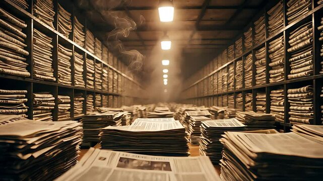 Archive Room Filled with Stacks of Old Newspapers and Tall Metal Shelves Under Warm Ceiling Lights in a Dusty, Dimly Lit Historical Storage Space

