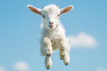 Obraz premium Adorable white baby goat leaps against a clear blue sky creating a whimsical and joyful scene of nature and innocence capturing the essence of rural charm and youthful energy