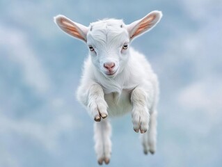 Fototapeta premium Adorable White Goat Kid Leaping with Joy Against a Soft Sky Background Capturing the Essence of Youthful Energy and Freedom in a Whimsical Style