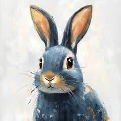 A charming blue bunny portrait showcases delicate brushstrokes and soft textures in a minimalist style perfect for home decor.