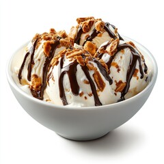 Delicious scoops of vanilla ice cream, drizzled with rich chocolate sauce and topped with crunchy granola