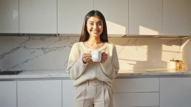 Junge Frau genie&szlig;t eine Tasse Kaffee in moderner K&uuml;che

